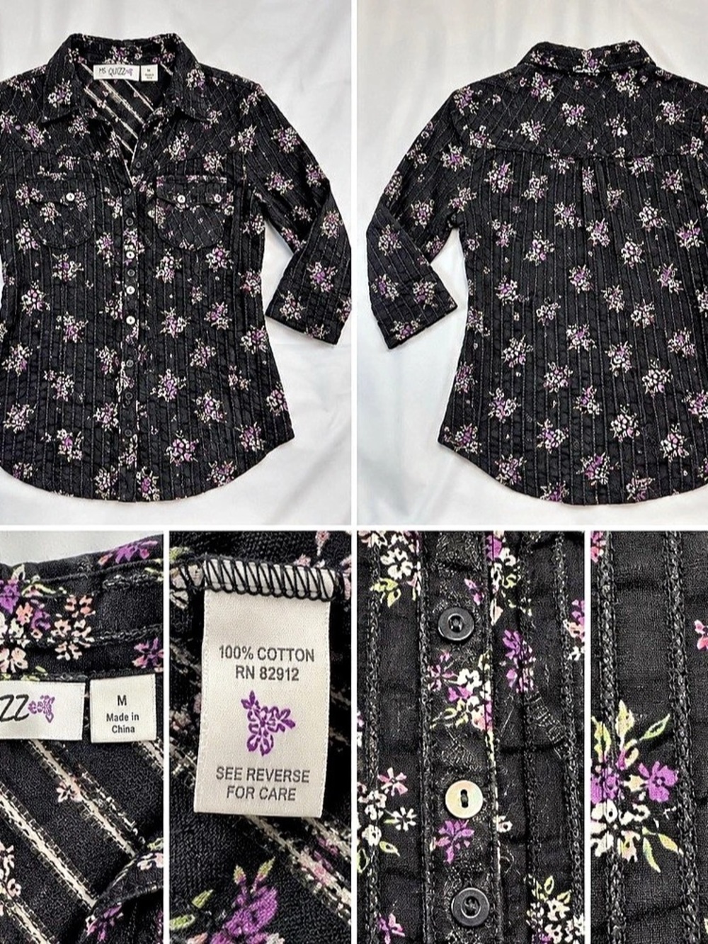 Ms. Quizz Floral Button Down Shirt in Black & Purple Medium
